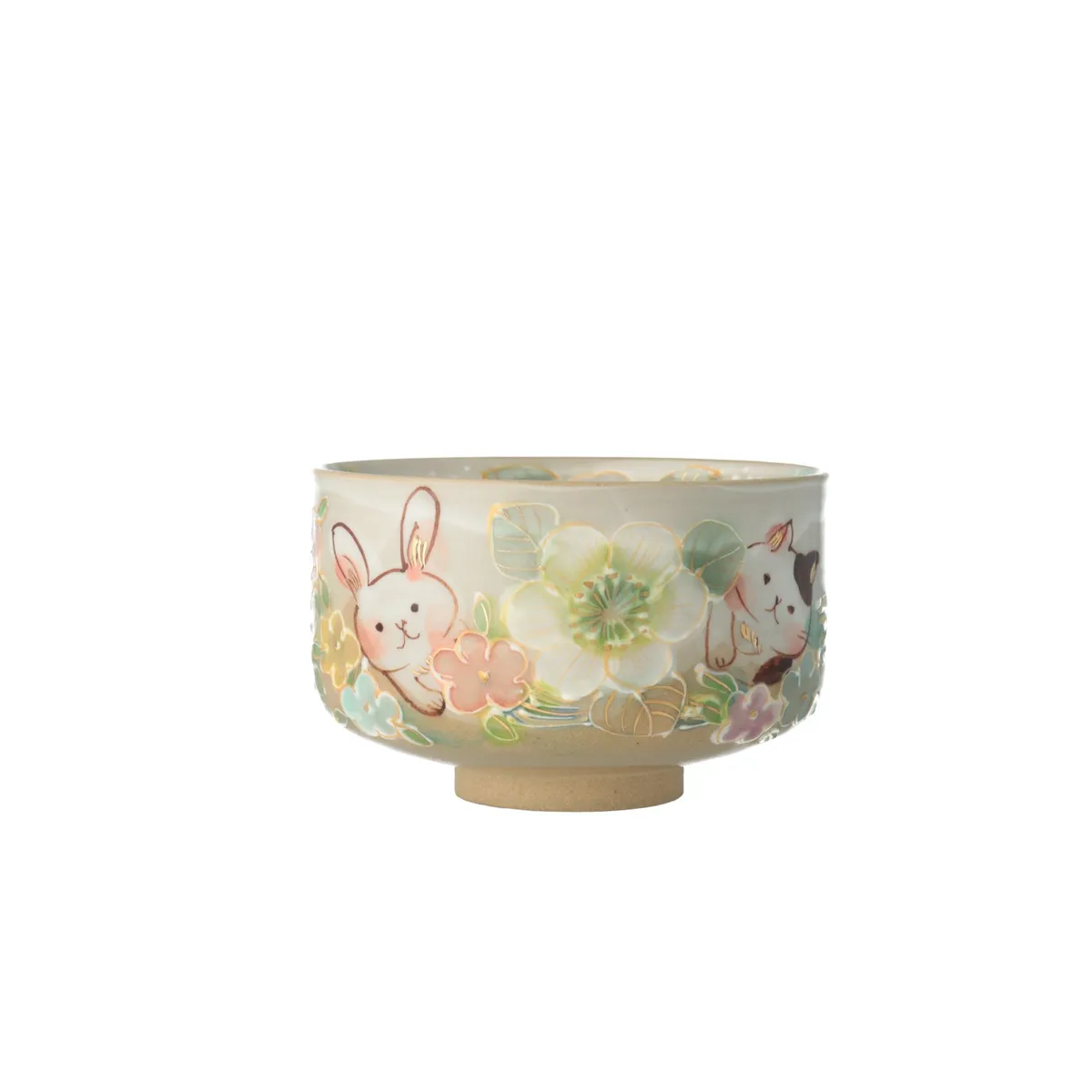 色絵草花 猫 兎 犬図 茶碗