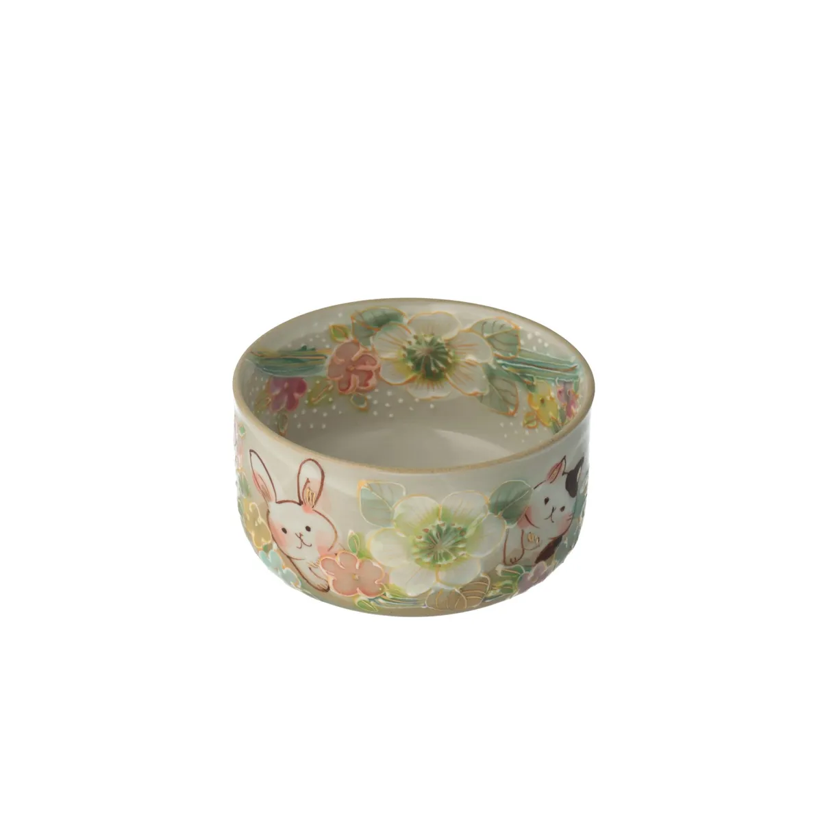 色絵草花 猫 兎 犬図 茶碗（2枚目）