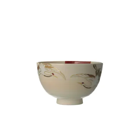 彩色日の出に鶴之画 茶盌