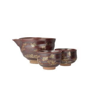 千鳥図片口・ぐい呑みセット（鉄釉）